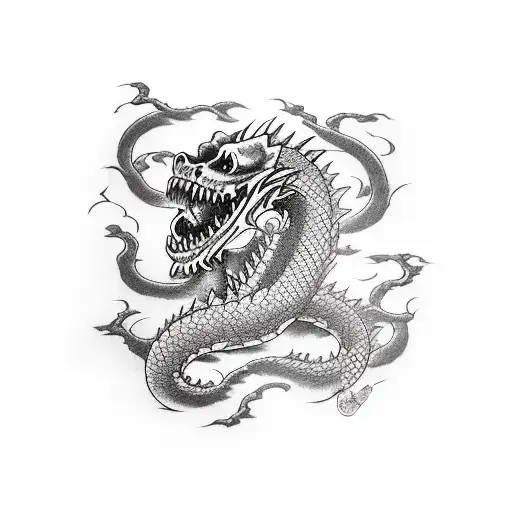 dead men tell no tales written on katana surrounded by dragon tattoo design idea