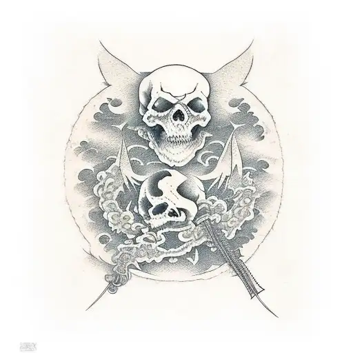 "dead men tell no tales" written on katana surrounded by dragon tattoo design idea