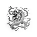 dead men tell no tales written on katana surrounded by dragon tattoo design idea