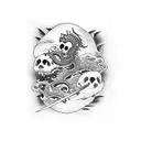 dead men tell no tales written on katana surrounded by dragon tattoo design idea