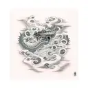 dead men tell no tales written on katana surrounded by dragon tattoo design idea