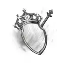 crown and shield with cursive j in middle tattoo design idea