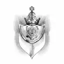 crown and shield with cursive j in middle tattoo design idea
