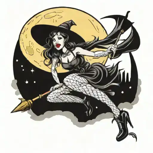 witch pinup girl riding a broom In front of moon wearing fish net stockings  tattoo design idea