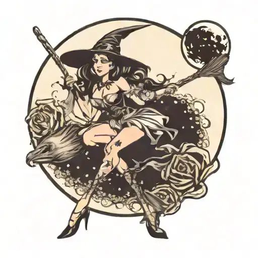 witch pinup girl riding a broom In front of moon wearing fish net stockings  tattoo design idea
