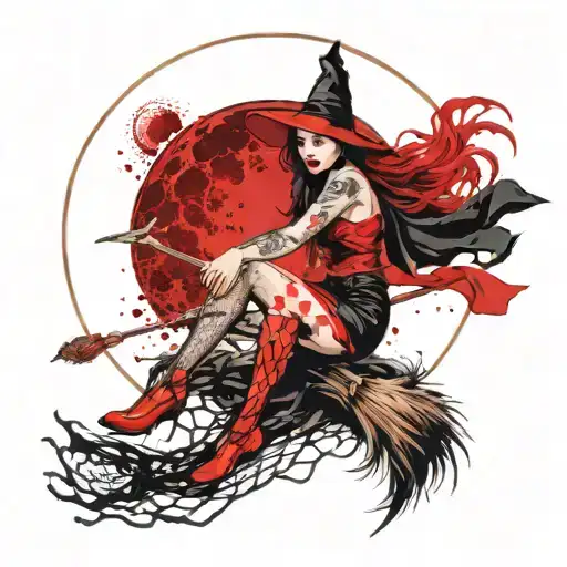 witch pinup girl riding a broom In front of moon wearing fish net stockings  tattoo design idea