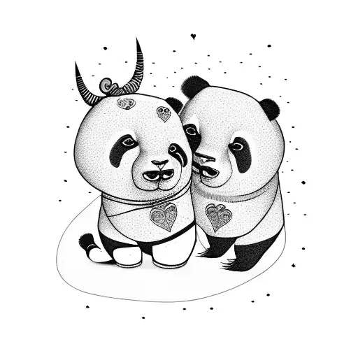 quirky panda bear and bull in love tattoo design idea