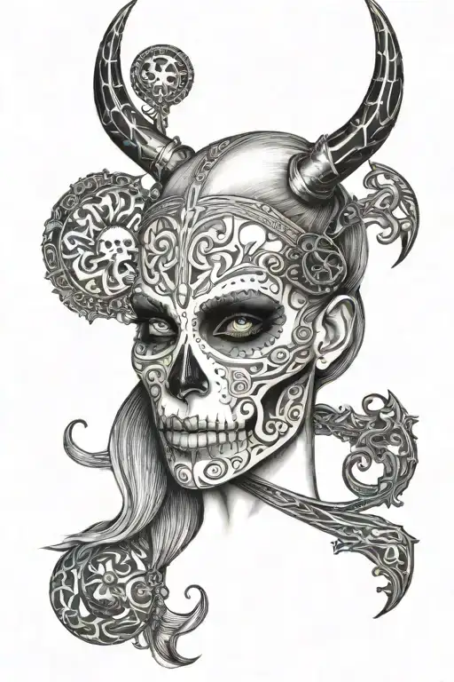 beautiful female face, but half skull, ominous, filled with viking runes tattoo design idea