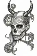 beautiful female face, but half skull, ominous, filled with viking runes tattoo design idea