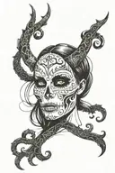 beautiful female face, but half skull, ominous, filled with viking runes tattoo design idea