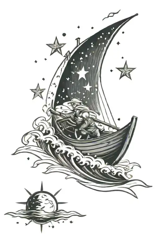 Traditional "A Rowing Boat On The Waves With Stars" Tattoo Design Idea tattoo design idea