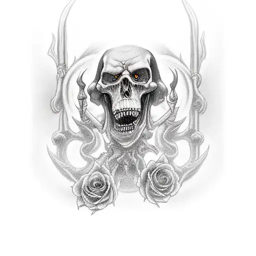 grim reaper walking hell hounds surrounded mh roses tattoo design idea