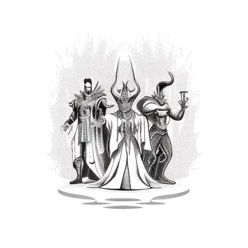 malificent standing next to hades, persphone and dr facilier with cebrus at there feet tattoo design idea