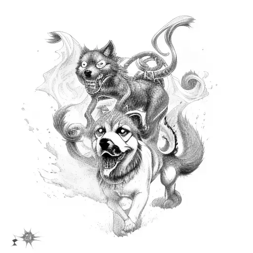 Persephone's encounter with Cerberus depicted in a black-grey style tattoo design idea
