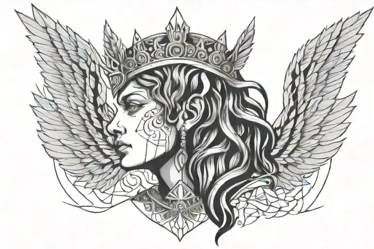the face of a Valkyrie with wings and a crown in her paws tattoo design idea