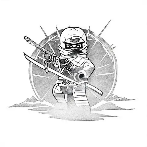 Ninjago characters battling in a black and grey scene tattoo design idea