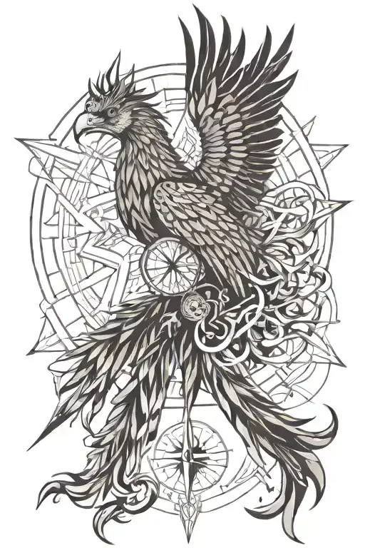 phoenix rising from the ashes and broken compass tattoo design idea