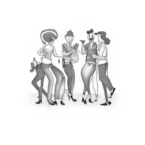 A tattoo design featuring a group of friends enjoying a night out at a lively bar or club, with intricate blackwork style detailing. tattoo design idea