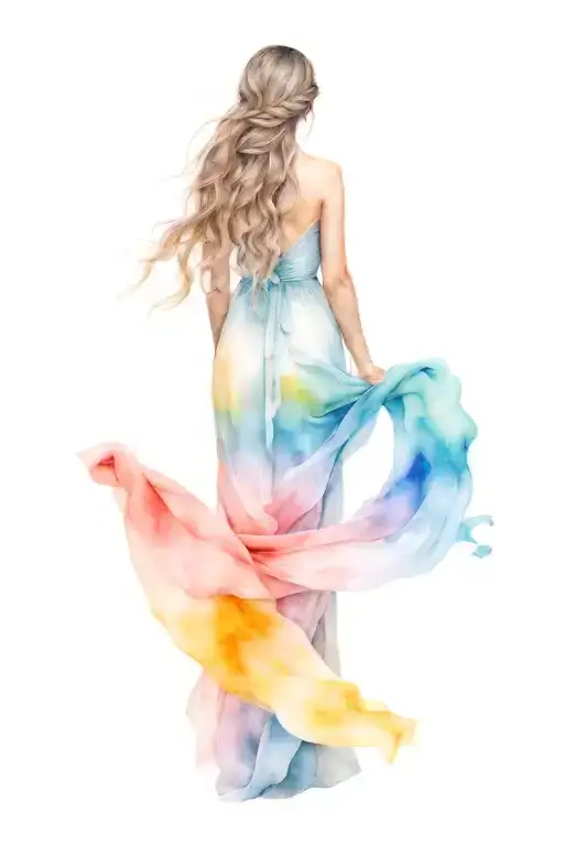 view of woman from behind standing. long dress. long loosley braided hair tattoo design idea