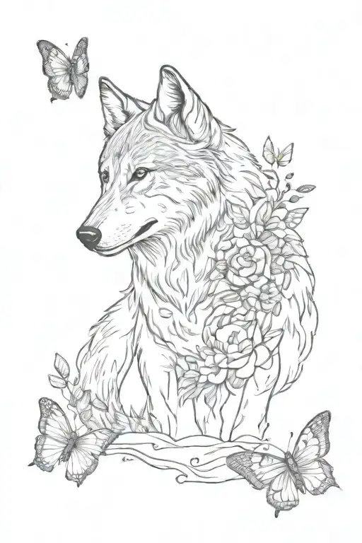 nature theme with wolf, butterfly, quotes involving strength and positivity.   tattoo design idea
