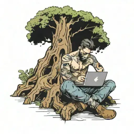 man sitting under a large tree with a heart-shaped area scratched into the bark and has a laptop on his lap.  tattoo design idea