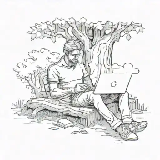 man sitting under a large tree with a heart-shaped area scratched into the bark and has a laptop on his lap.  tattoo design idea