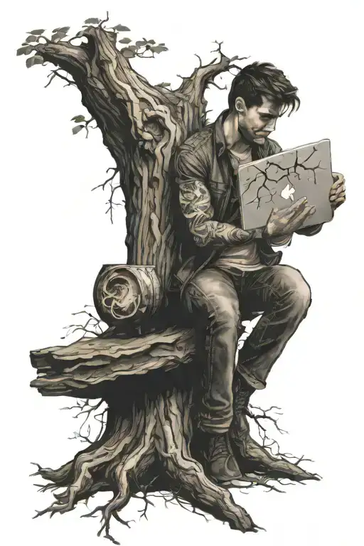 man sitting under a large tree with a heart-shaped area scratched into the bark and has a laptop on his lap.  tattoo design idea