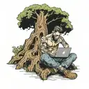 man sitting under a large tree with a heart-shaped area scratched into the bark and has a laptop on his lap.  tattoo design idea