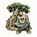 man sitting under a large tree with a heart-shaped area scratched into the bark and has a laptop on his lap.  tattoo design idea