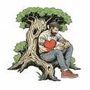 man sitting under a large tree with a heart-shaped area scratched into the bark and has a laptop on his lap.  tattoo design idea