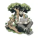 man sitting under a large tree with a heart-shaped area scratched into the bark and has a laptop on his lap.  tattoo design idea