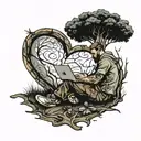  man sitting on the ground under a large tree with a heart-shaped area scratched into the bark  and has a laptop   tattoo design idea