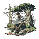  man sitting on the ground under a large tree with a heart-shaped area scratched into the bark  and has a laptop   tattoo design idea