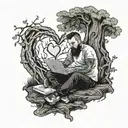  man sitting on the ground under a large tree with a heart-shaped area scratched into the bark  and has a laptop   tattoo design idea