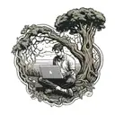  man sitting on the ground under a large tree with a heart-shaped area scratched into the bark  and has a laptop   tattoo design idea