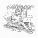 man sitting under a large tree with a heart-shaped area scratched into the bark and has a laptop on his lap.  tattoo design idea