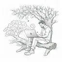 man sitting under a large tree with a heart-shaped area scratched into the bark and has a laptop on his lap.  tattoo design idea