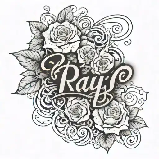 black-and-white with the name, Ray on a female wrist in thin lettering with elegant vines and roses around it in 3-D tattoo design idea