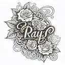 black-and-white with the name, Ray on a female wrist in thin lettering with elegant vines and roses around it in 3-D tattoo design idea