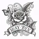 black-and-white with the name, Ray on a female wrist in thin lettering with elegant vines and roses around it in 3-D tattoo design idea