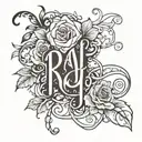 black-and-white with the name, Ray on a female wrist in thin lettering with elegant vines and roses around it in 3-D tattoo design idea