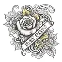 black-and-white with the name, Ray on a female wrist in thin lettering with elegant vines and roses around it in 3-D tattoo design idea
