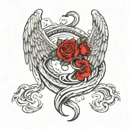 angel wings with a lazy river of water flowing around them like snakes tattoo design idea