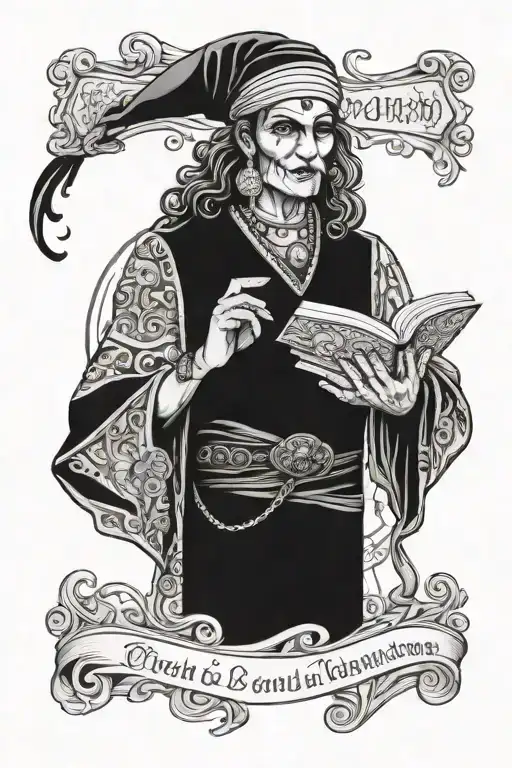 A gypsy fortune teller holding a book of philosophy, representing the intersection of your occupation and passion tattoo design idea