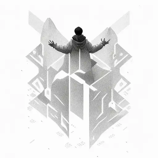 silhouette of a person standing at the edge of a cliff or a precipice, with the words "All My Love" written in cursive o tattoo design idea