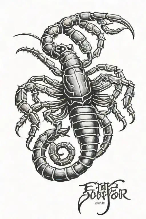 emperor scorpion tattoo, sun sign tattoo, with words like tenacious, strength, intense in the design, shading and geomet tattoo design idea