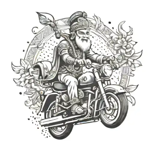 Incorporate Hindu deity figures riding on a motorbike to represent the fusion of Hindu culture and biking passion tattoo design idea