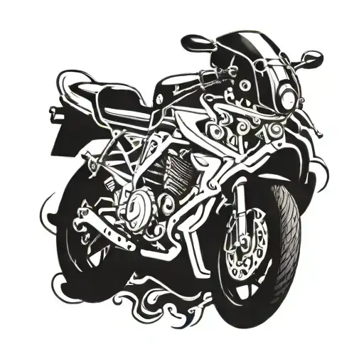 Incorporate a detailed motorbike engine design intertwined with traditional Hindu symbols tattoo design idea