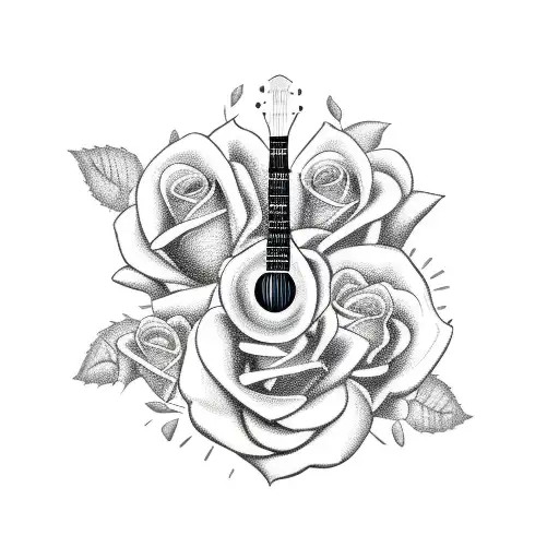 A rock n roll inspired tattoo featuring a guitar and roses tattoo design idea