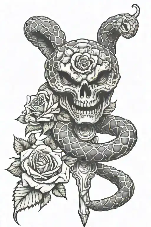 angry rattle snake wrapped around cross with roses and vines in the background tattoo design idea